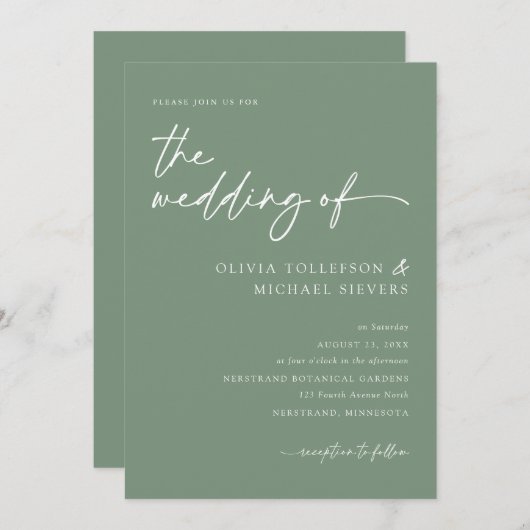 Sage Green handgeschriebenes Skript Moderne Hochze Einladung (Vorne/Hinten)