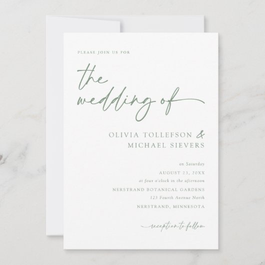 Sage Green handgeschriebenes Skript Moderne Hochze Einladung (Vorderseite)