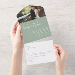 Sage Green Handwriting Typografy Foto Wedding All In One Einladung