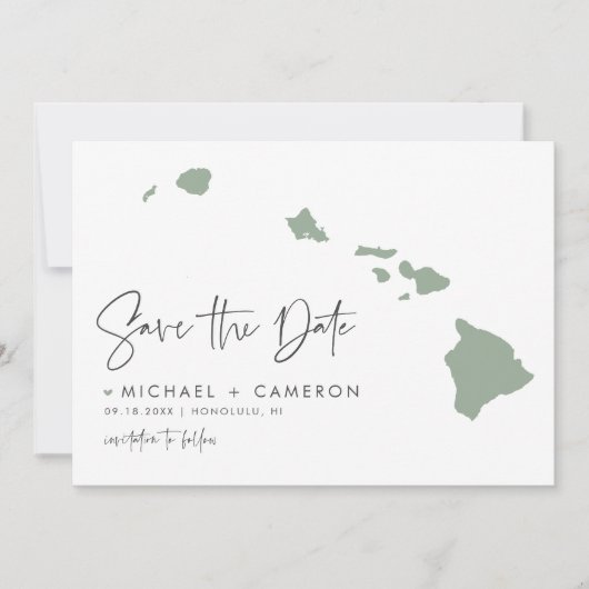 Sage Green Hawaii Map Modernes Minimalistisches Sk Save The Date (Vorderseite)
