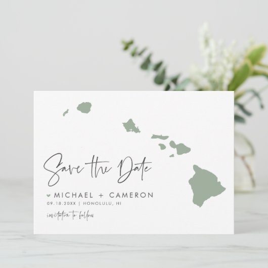 Sage Green Hawaii Map Modernes Minimalistisches Sk Save The Date (Stehend Vorderseite)