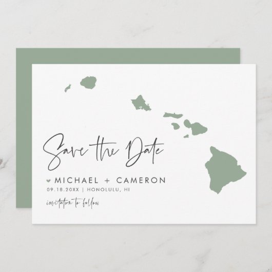 Sage Green Hawaii Map Modernes Minimalistisches Sk Save The Date (Vorne/Hinten)