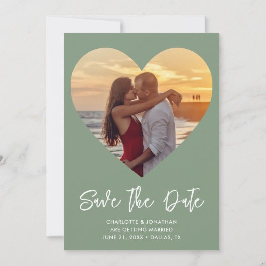Sage Green Heart Cutout für Hochzeitsfeiern Foto Save The Date (Vorderseite)
