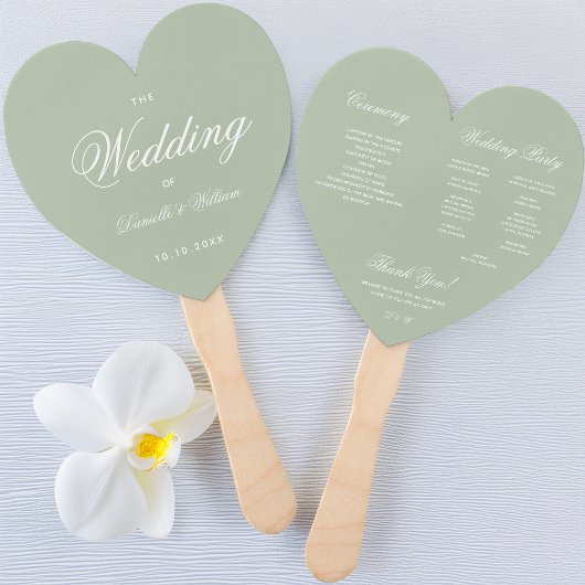 Sage Green Heart Elegante Script Wedding Program H Fächer