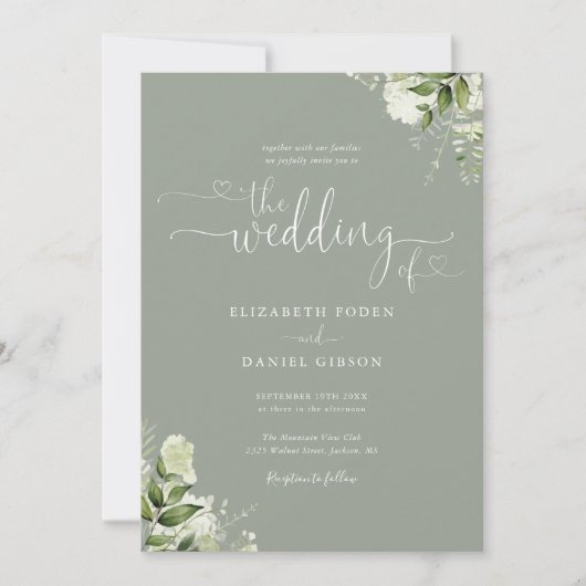 Sage Green Heart Script Foliage Foto Hochzeit Einladung (Vorderseite)