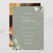 Sage Green Heart Script Foliage Foto Hochzeit Einladung (Vorne/Hinten)