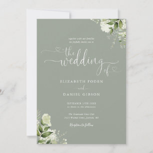 Sage Green Heart Script Foliage Foto Hochzeit Einladung