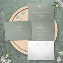 Sage Green Heart Script Wedding Dreifach Gefaltete Einladung