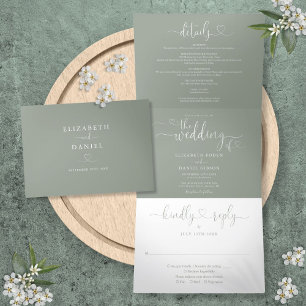 Sage Green Heart Script Wedding Dreifach Gefaltete Einladung