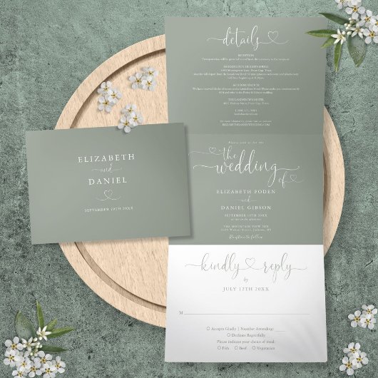 Sage Green Heart Script Wedding Dreifach Gefaltete Einladung