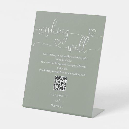 Sage Green Heart Script wünscht QR Code Sockelschild (Vorderseite)