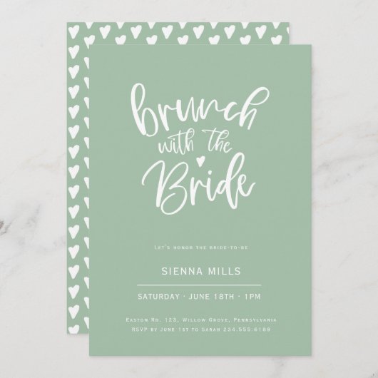 Sage Green Hearts Calligrafy Bridal Brunch Einladung (Vorne/Hinten)