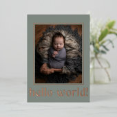 Sage Green Hello World Foto Geburtserklärung Folieneinladung (Stehend vorne)