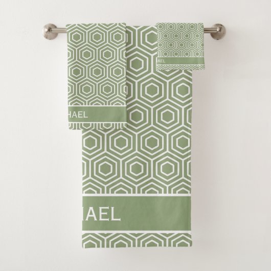Sage Green Hexagon Honeycomb Mustername Badhandtuch Set (Insitu)