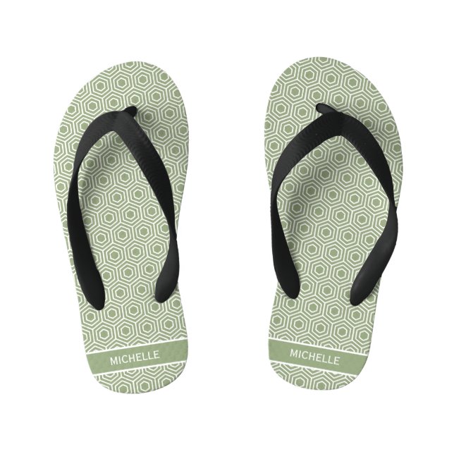 Sage Green Hexagon Honeycomb Mustername Kinderbadesandalen (Fußbett)