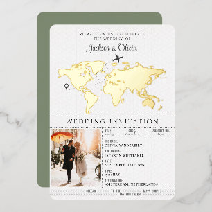 Sage Green Hochzeit in Urlaubsort Passport Folieneinladung