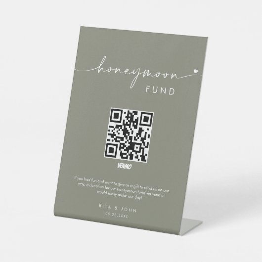 Sage Green Honeymoon Fund Cash QR Code Hochzeit Sockelschild (Vorderseite)