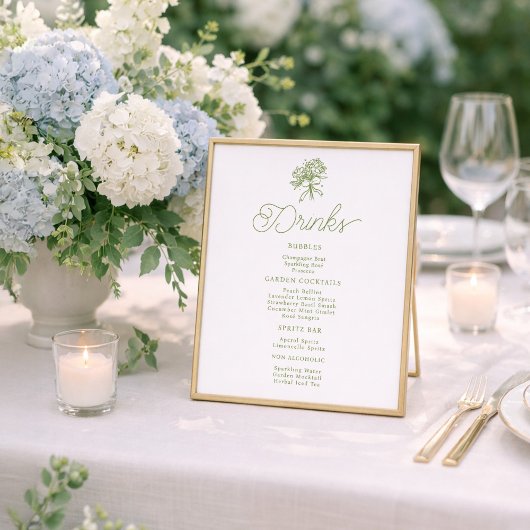 Sage Green Hydrangea Drinks Menu Table Sign Poster