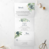 Sage Green Indigo Blue Succulents Wedding Dreifach Gefaltete Einladung (Innenseite)