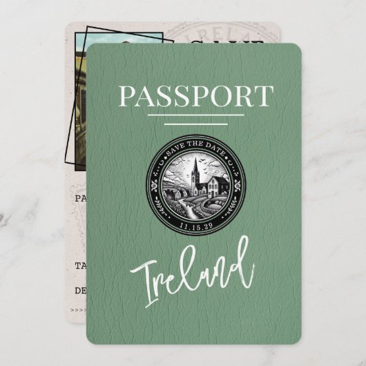 Sage Green Ireland Passport Save the Date (Vorne/Hinten)