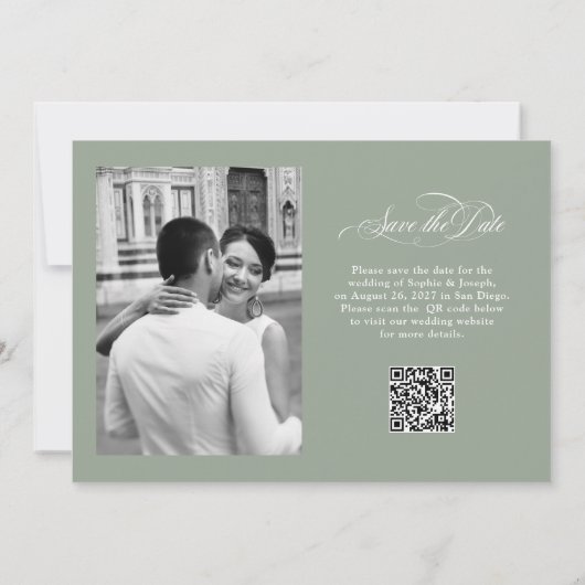 Sage Green | Italienische Elegance Two Foto QR Cod Save The Date (Rückseite)