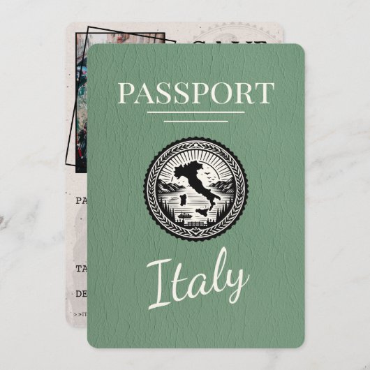 Sage Green Italy Passport Save The Date (Vorne/Hinten)