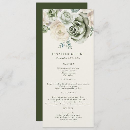 Sage Green Ivory Blume Hochzeitmenü Menükarte (Vorne/Hinten)