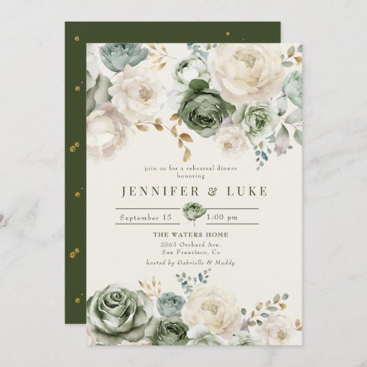 Sage Green & Ivory Blume Probe Abendessen Einladung (Vorne/Hinten)