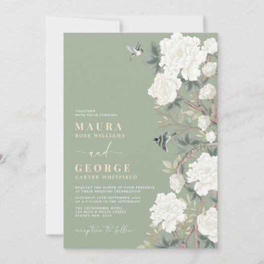 Sage Green Ivory Chinoiserie Blumengarten Hochzeit Einladung (Vorderseite)