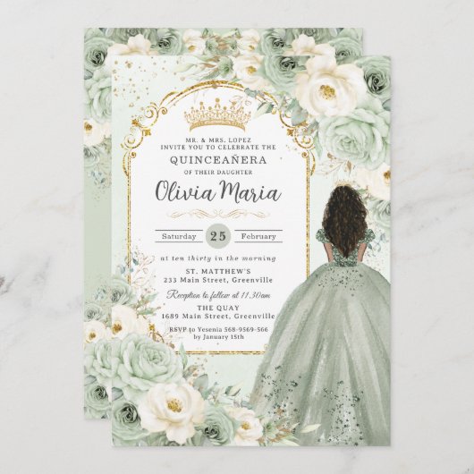 Sage Green Ivory Floral Brown Girl Quinceañera Einladung (Vorne/Hinten)