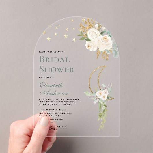 Sage Green Ivory Floral Moon Bridal Shower Acryleinladungen (Insitu (Handheld))