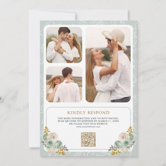 Sage Green Ivory Floral QR Wappen Hochzeit Einladung (Rückseite)