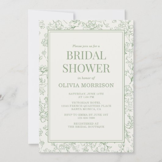 Sage Green Ivory French QR Code Bridal Shower Einladung (Vorderseite)