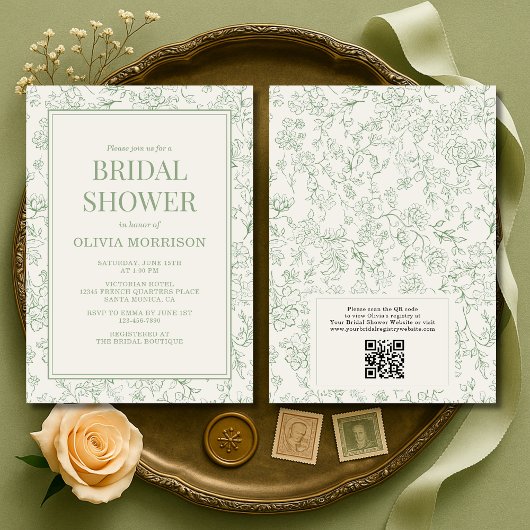 Sage Green Ivory French QR Code Bridal Shower Einladung
