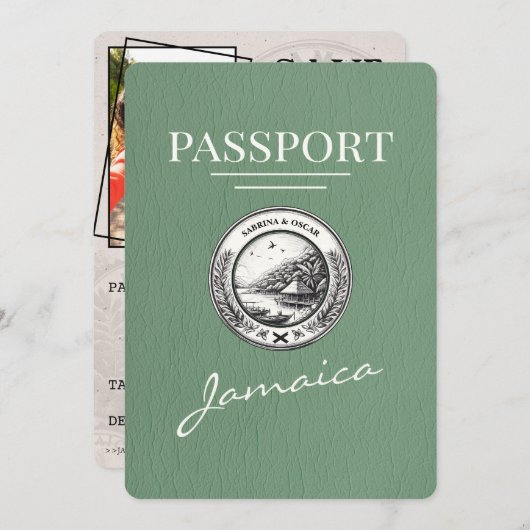 Sage Green Jamaica Passport Save the Date (Vorne/Hinten)