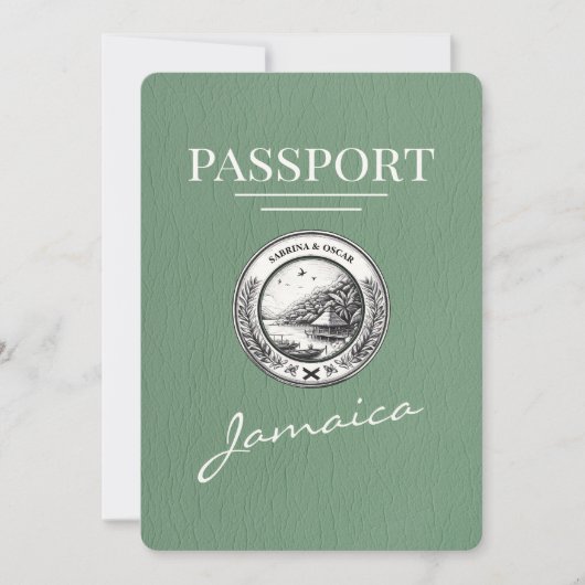 Sage Green Jamaica Passport Save the Date (Vorderseite)