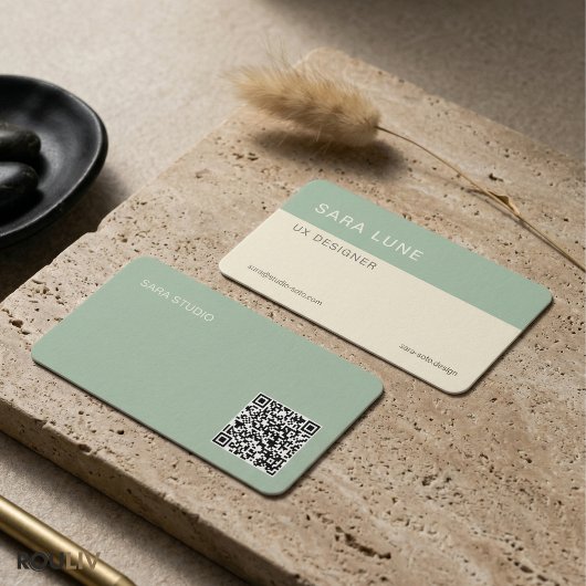 Sage Green Japandi Minimal QR Code Designer Studio Visitenkarte