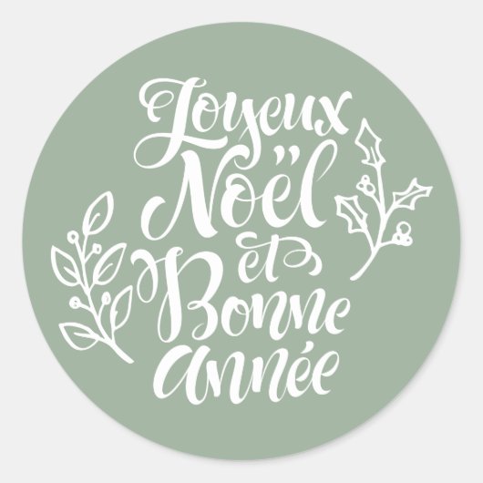 Sage Green Joyeux Noël und Bonne Année Weihnachten Runder Aufkleber (Vorderseite)