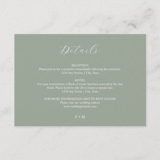 Sage Green Kalligrafy Hochzeitskarte Begleitkarte (Vorderseite)