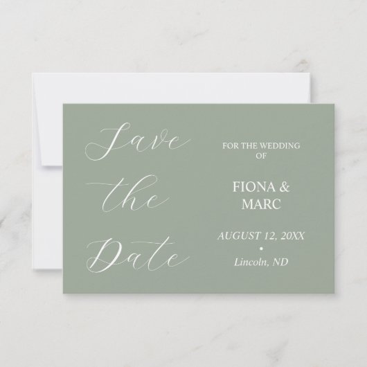 Sage Green Kalligraphie elegant Save the Date Kart (Vorderseite)