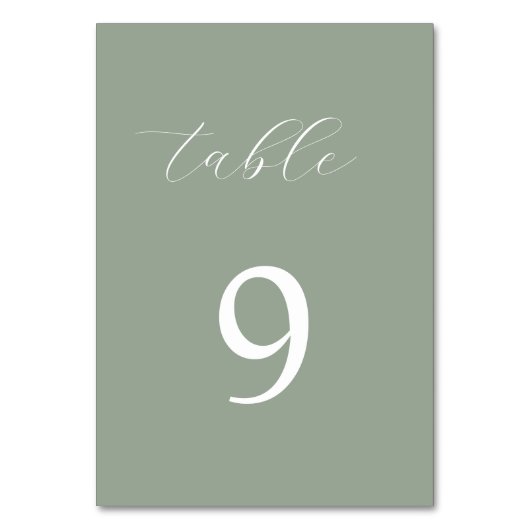 Sage Green Kalligraphie elegante Tischnummer (Rückseite)