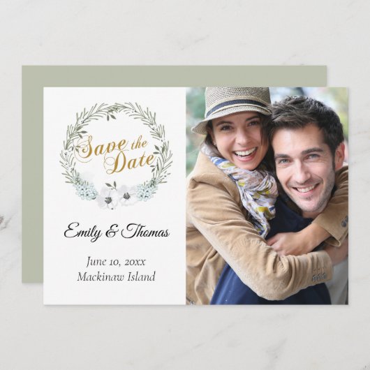 Sage Green Kranz-Foto Save the Date (Vorne/Hinten)