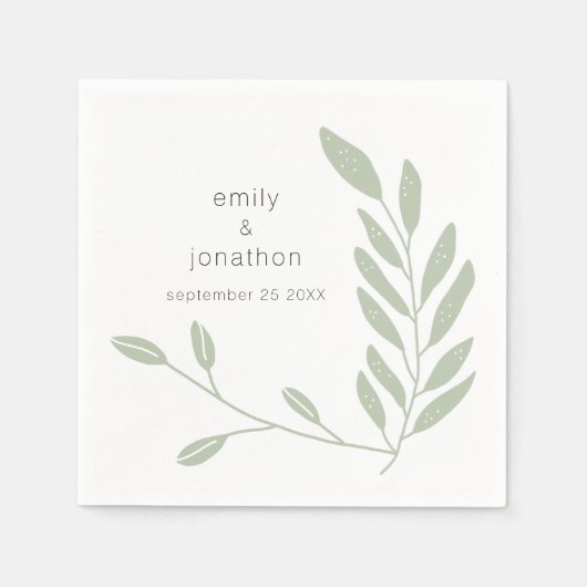 Sage Green Künstlerisch Blätter Namen Datum Hochze Serviette (Vorderseite)