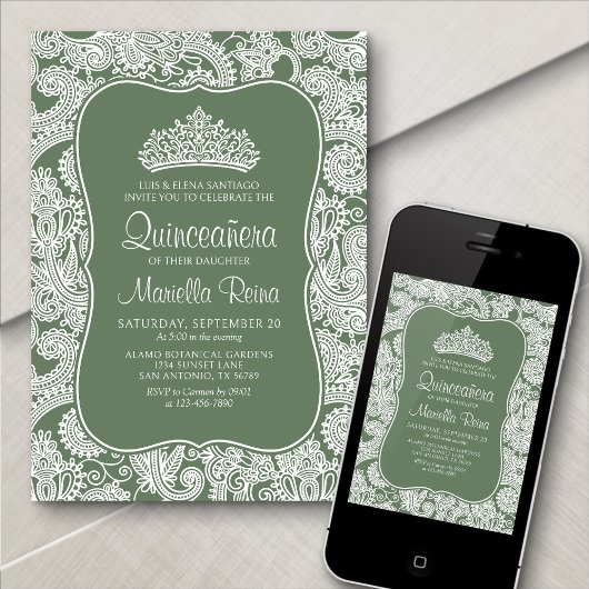 Sage Green Lace Quinceñera Einladung