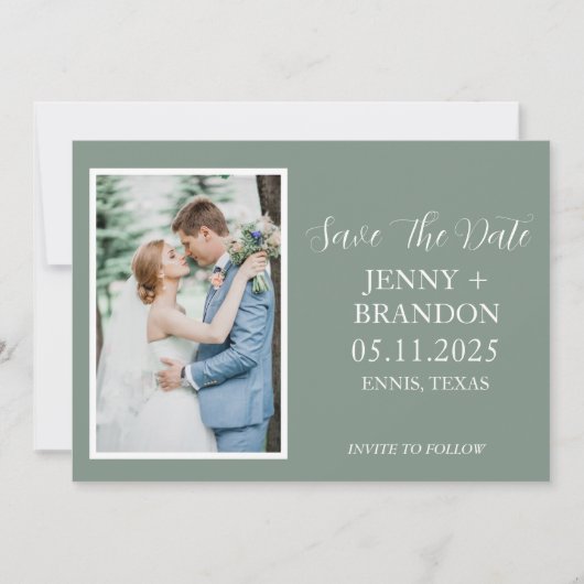 Sage Green Lässig Script Foto Romantisch Save The Date (Vorderseite)