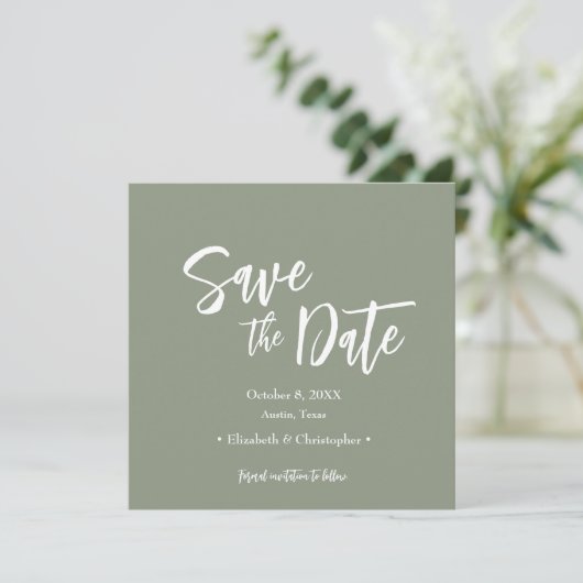 Sage Green Lässig Script Foto Save the Date Einladung (Stehend Vorderseite)