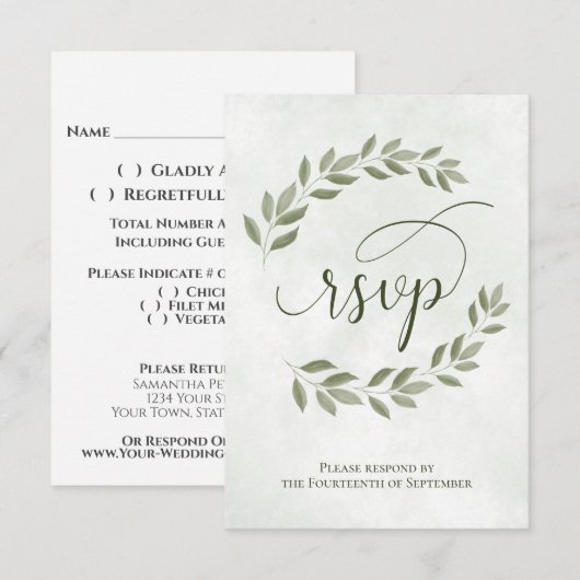 Sage Green Laurel Verlasse Rustikale Hochzeit RSVP Karte (Vorne/Hinten)