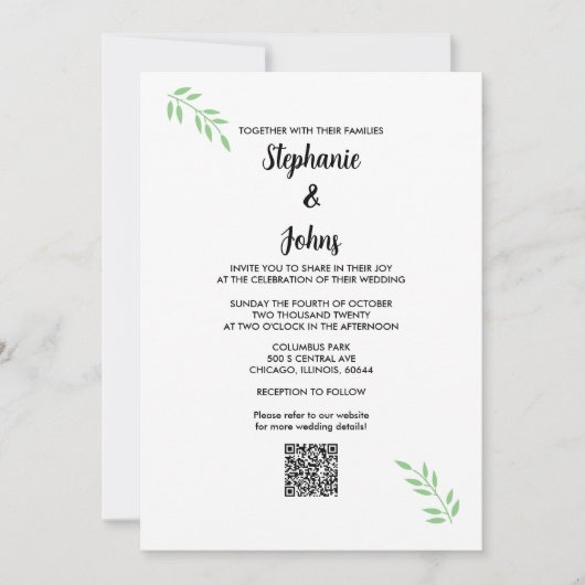 Sage Green Leaf Black Script QR Code Hochzeit Einladung (Vorderseite)