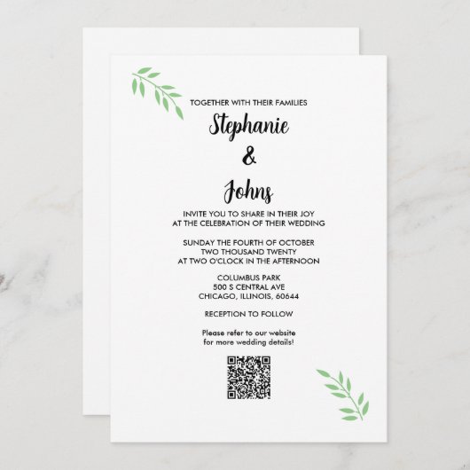 Sage Green Leaf Black Script QR Code Hochzeit Einladung (Vorne/Hinten)