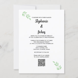 Sage Green Leaf Black Script QR Code Hochzeit Einladung